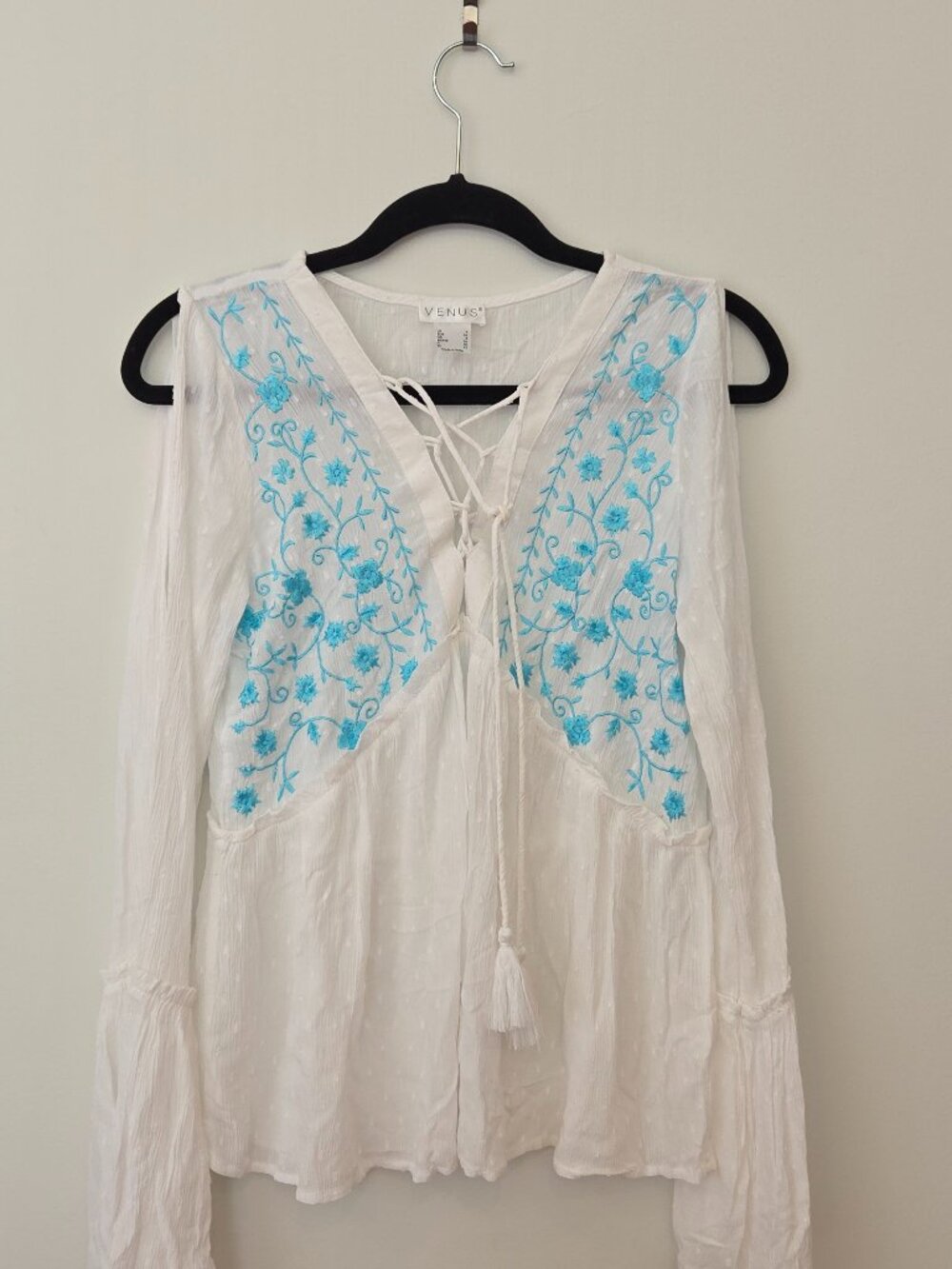 VENUS Boho Embroidered Tie Front Blouse White Teal Floral Size 2